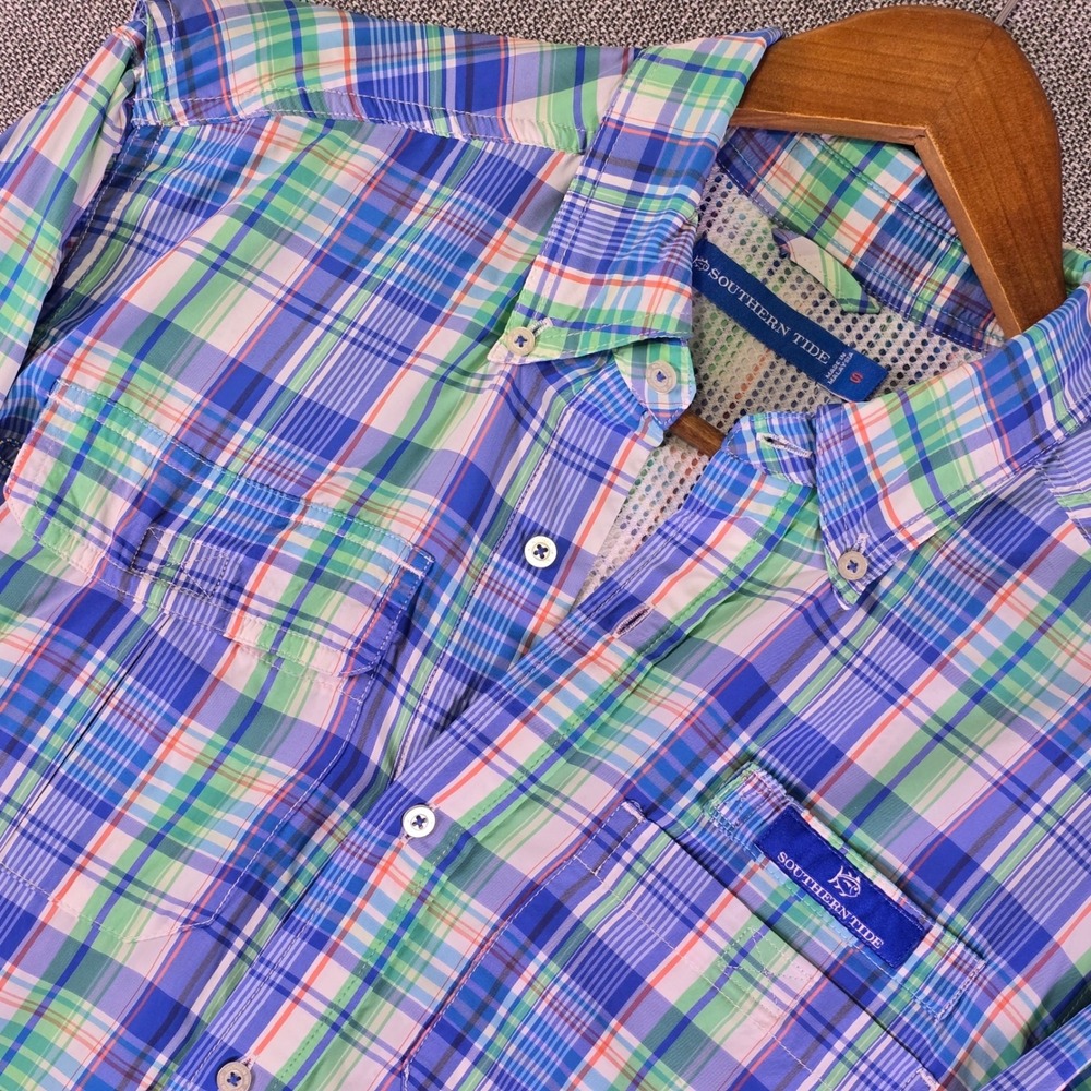 Southern Tide Mens Small Shirt Plaid Blue Vented Nylon Long Sleeve Fishing
